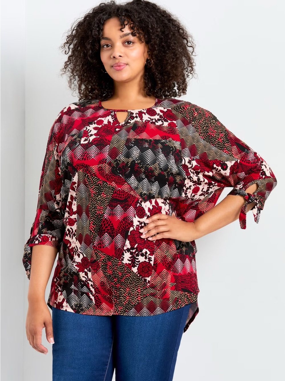 Avenue Plus Size Red, Black & White Mixed Print Tie-Sleeve Tunic